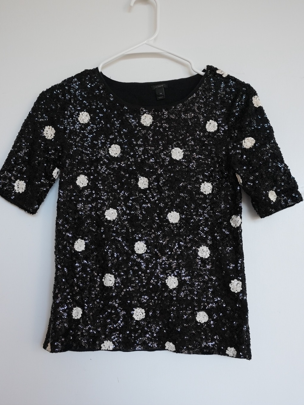 J. Crew Black Sequin Short-Sleeve Top with White Polka Sequin Motifs
